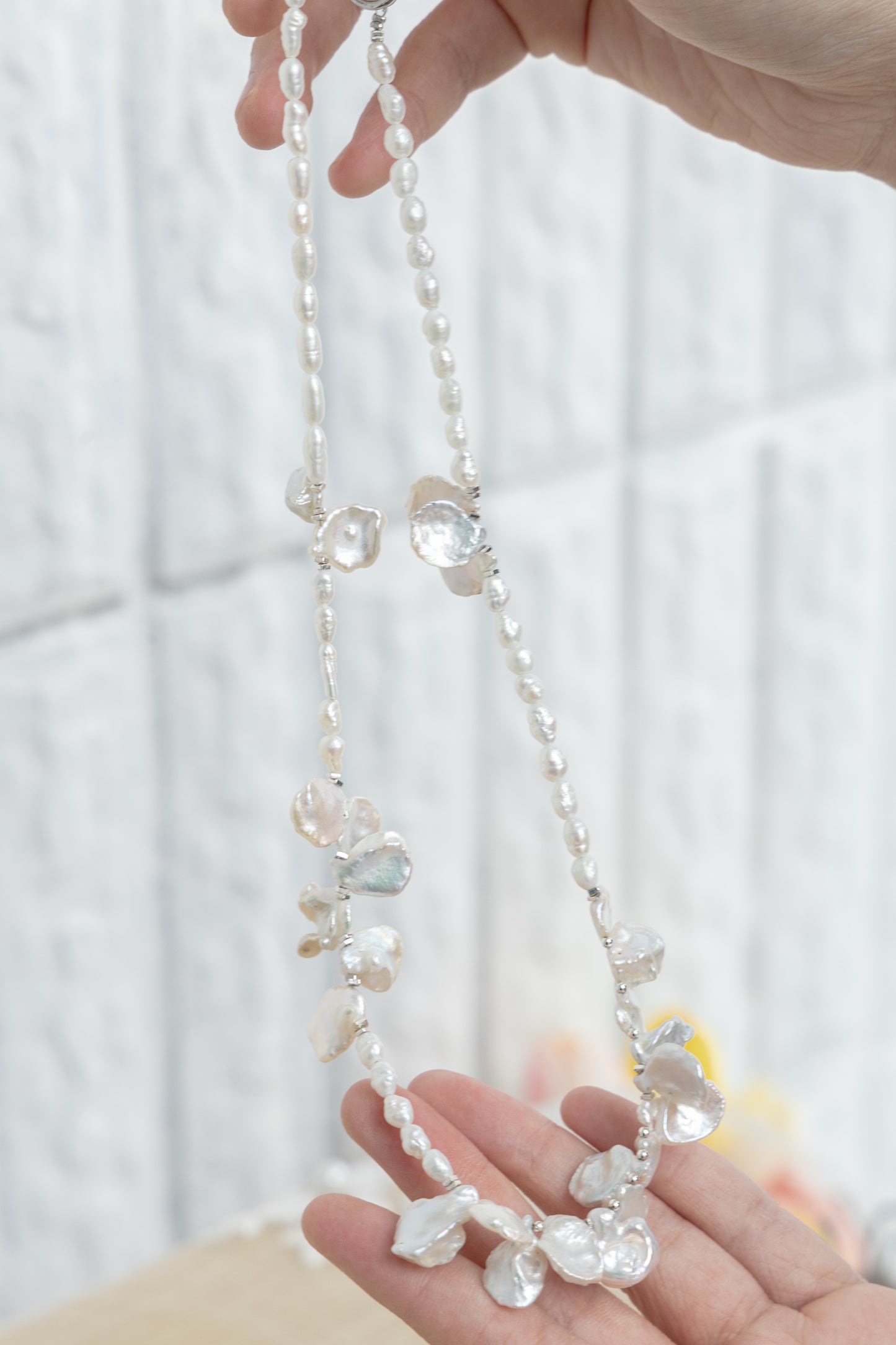 Floral series Pearl necklace white light, Baroque petal pearl