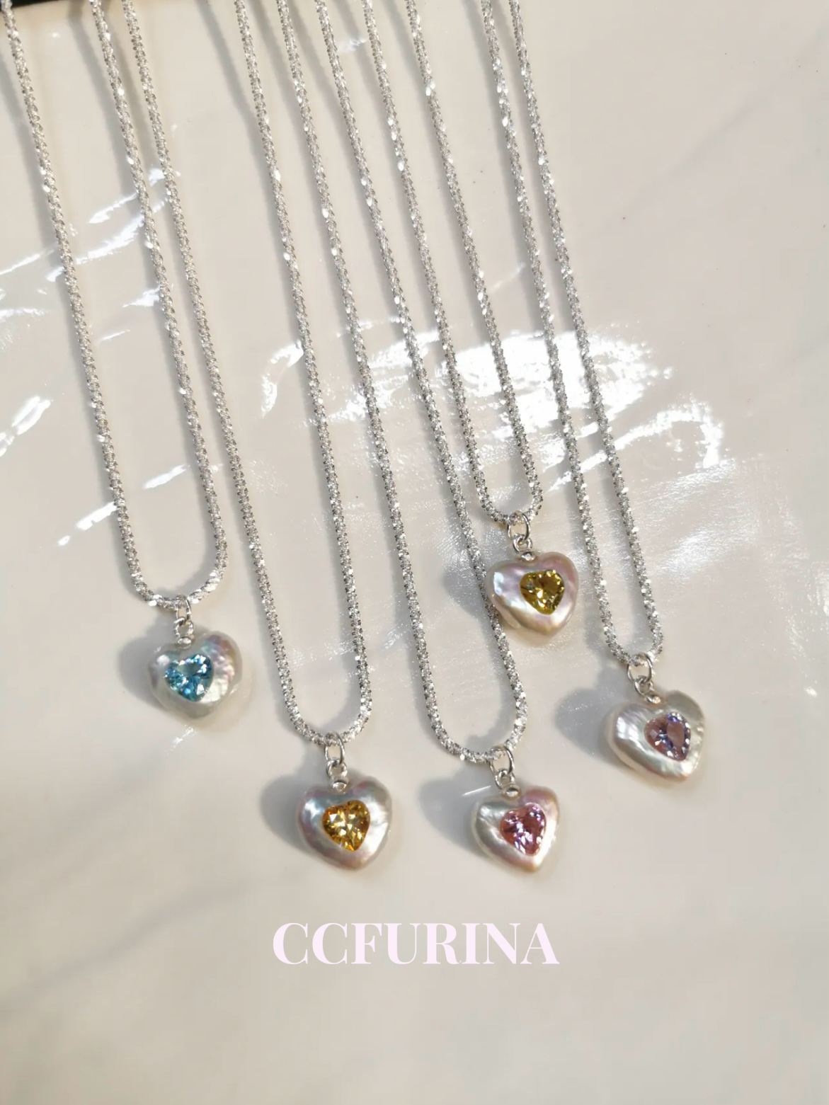 《CCFURINA》Baroque Heart Pearl and Gemstone Necklace in Sterling Silver