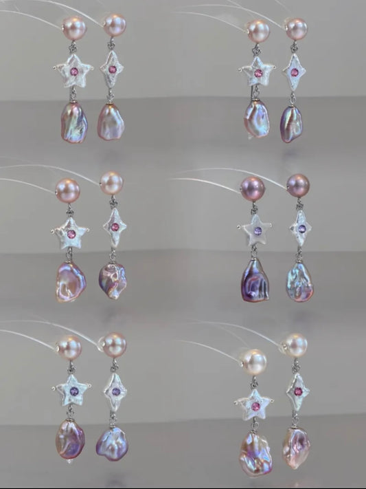 Candy Stars . Colorful Baroque Pearl Austrian Crystal Asymmetrical Earrings