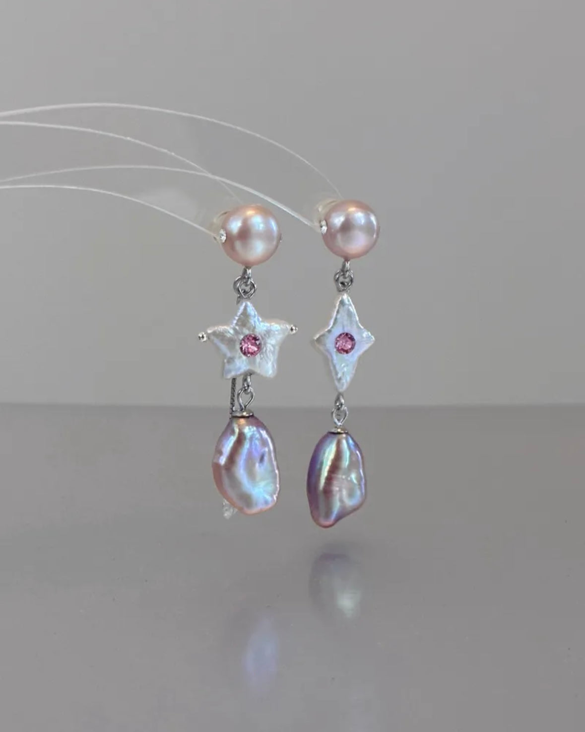 Candy Stars . Colorful Baroque Pearl Austrian Crystal Asymmetrical Earrings