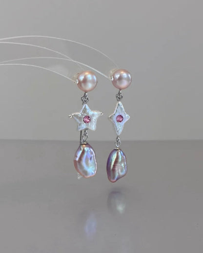 Candy Stars . Colorful Baroque Pearl Austrian Crystal Asymmetrical Earrings