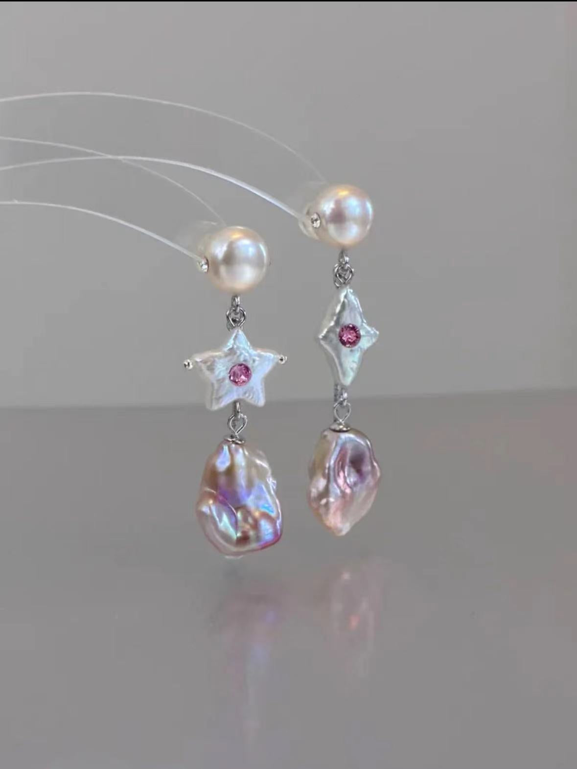 Candy Stars . Colorful Baroque Pearl Austrian Crystal Asymmetrical Earrings