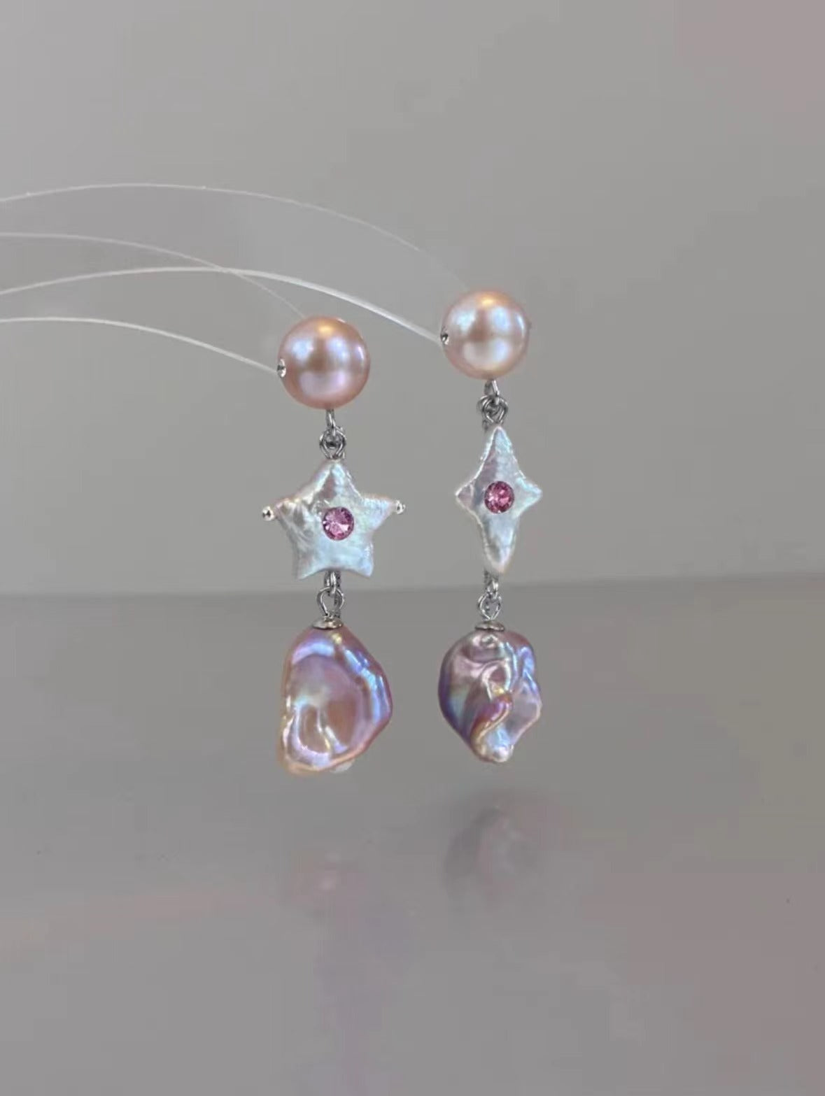 Candy Stars . Colorful Baroque Pearl Austrian Crystal Asymmetrical Earrings