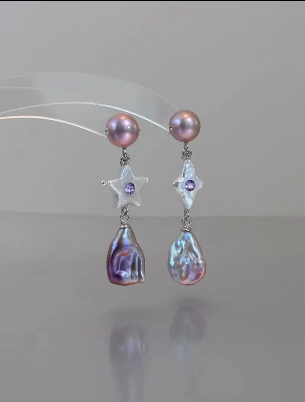 Candy Stars . Colorful Baroque Pearl Austrian Crystal Asymmetrical Earrings