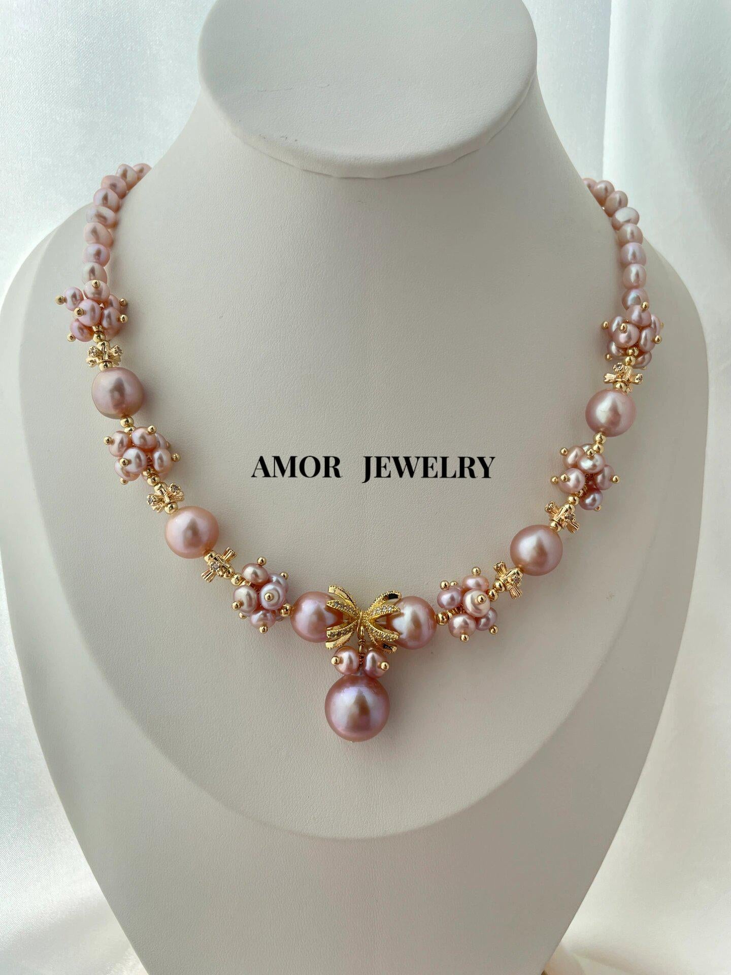 《CCFURINA》AMOR Jewelry natural light purple flower pearl necklace, pendant pearl size is about 13mm+, the total length of the necklace is about 42-45cm.