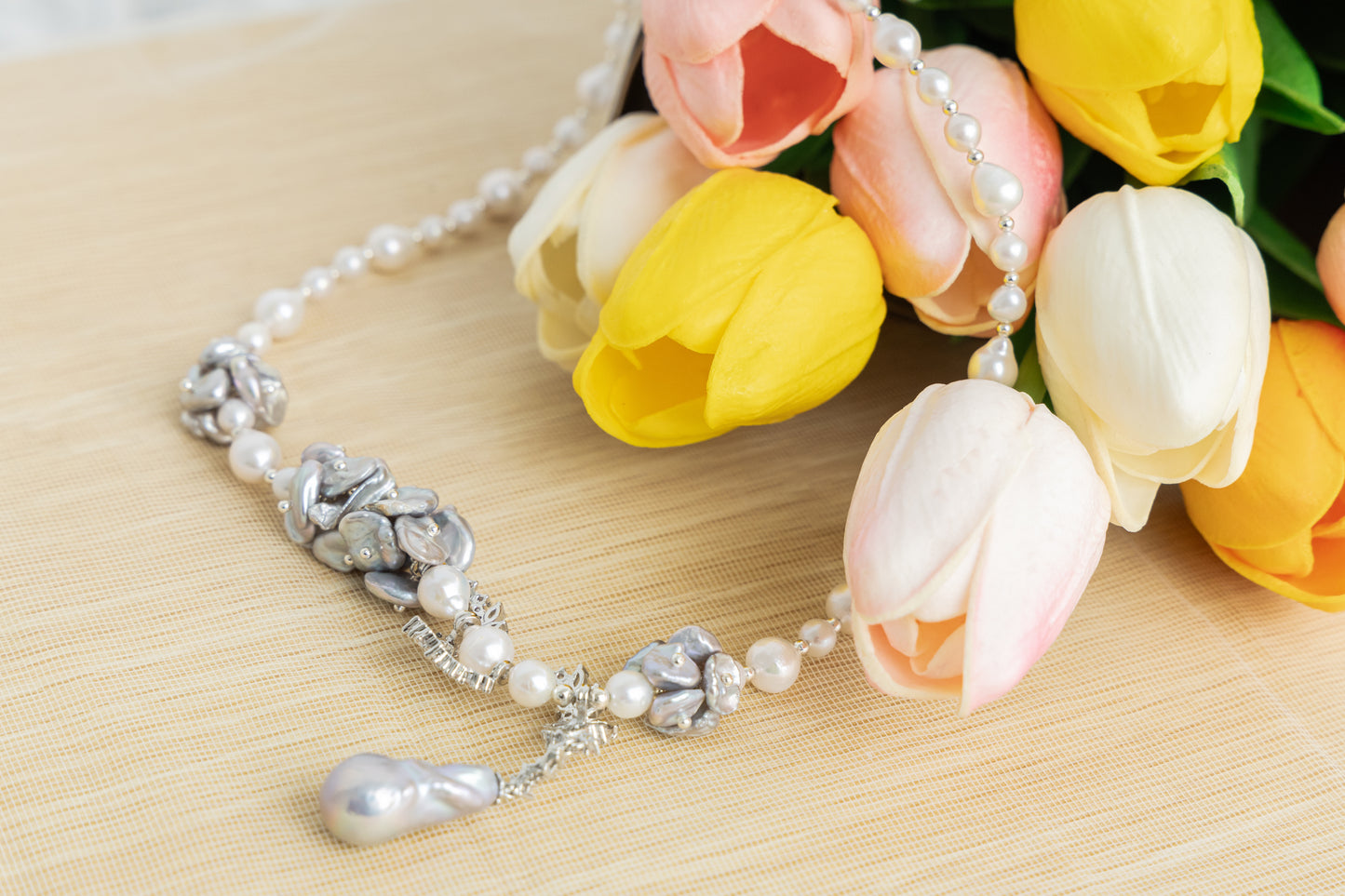 Flower Series Pearl Necklace blue gray light, Baroque petal pearl