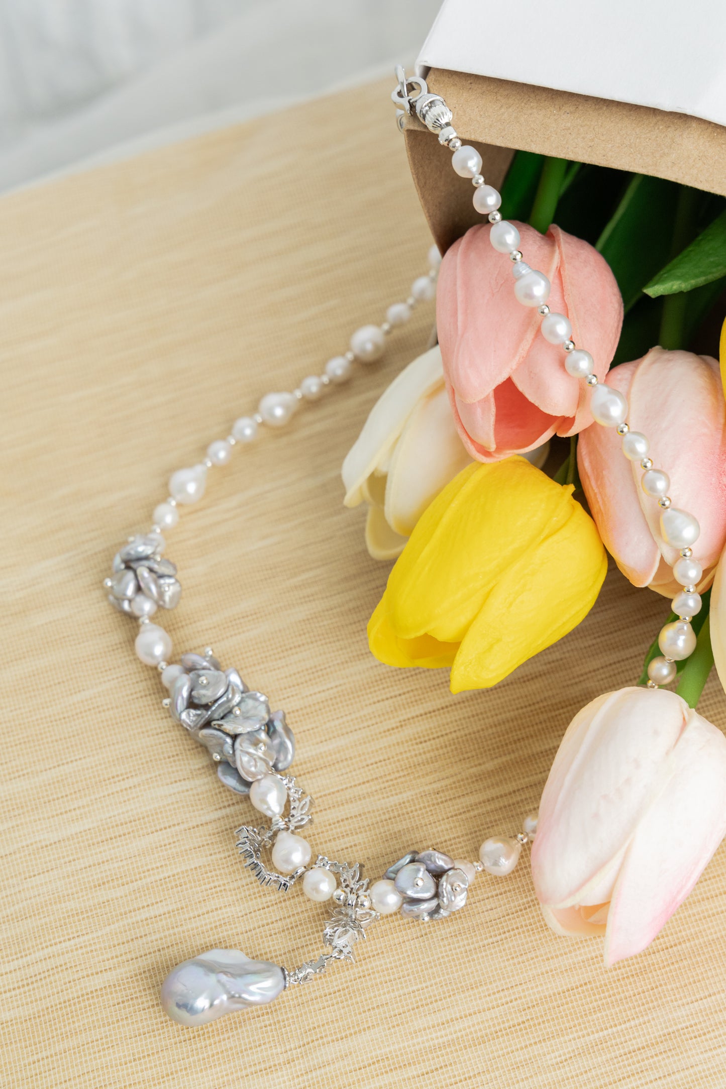 Flower Series Pearl Necklace blue gray light, Baroque petal pearl