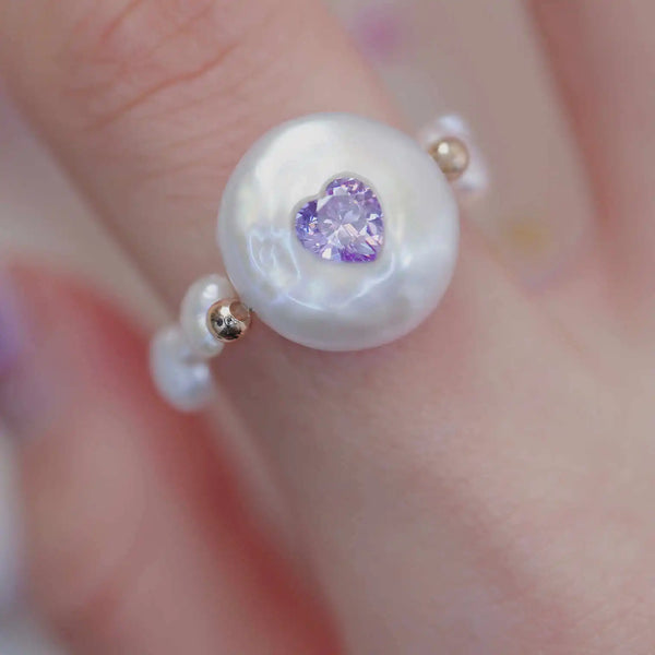 《CCFURINA》Chic Purple Heart Pearl Ring - Sophisticated Commemorative Accessory(AA)