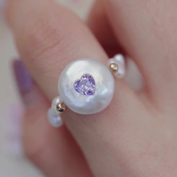 《CCFURINA》Chic Purple Heart Pearl Ring - Sophisticated Commemorative Accessory(AA)