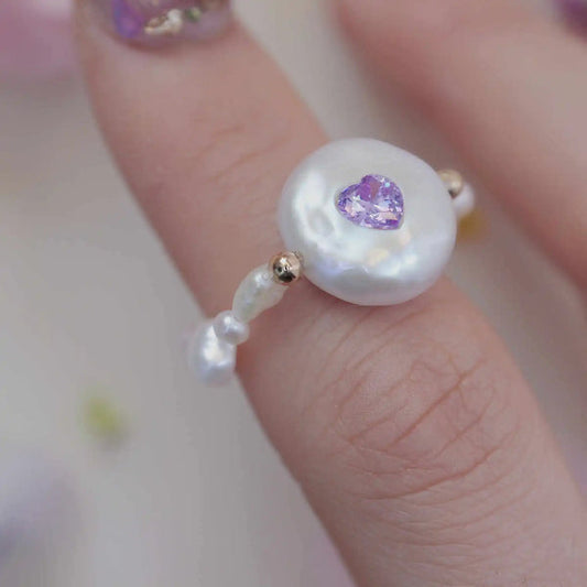 《CCFURINA》Chic Purple Heart Pearl Ring - Sophisticated Commemorative Accessory(AA)