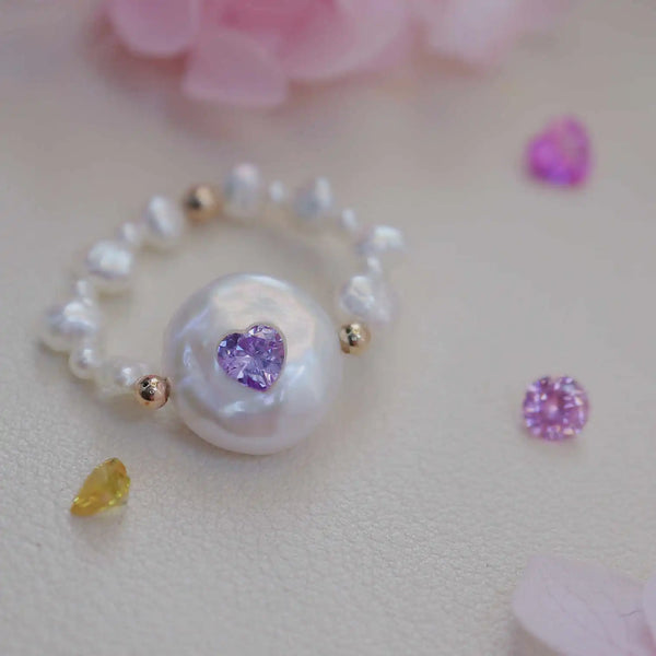 《CCFURINA》Chic Purple Heart Pearl Ring - Sophisticated Commemorative Accessory(AA)