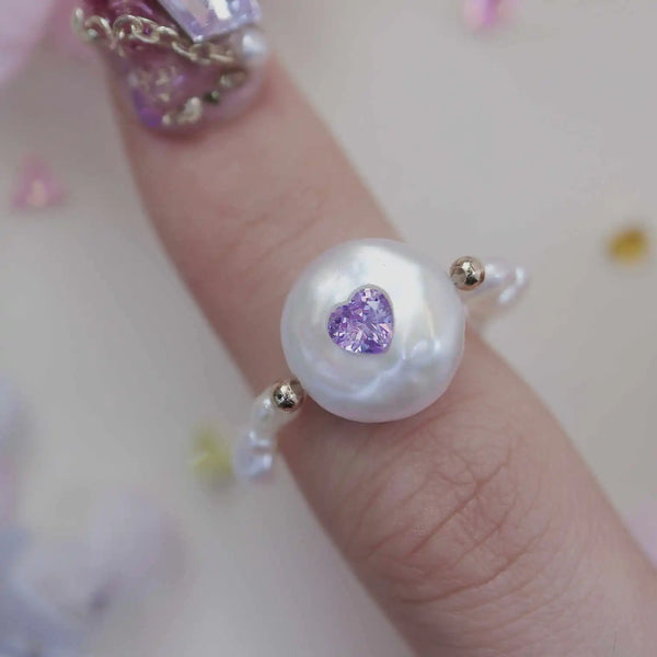 《CCFURINA》Chic Purple Heart Pearl Ring - Sophisticated Commemorative Accessory(AA)