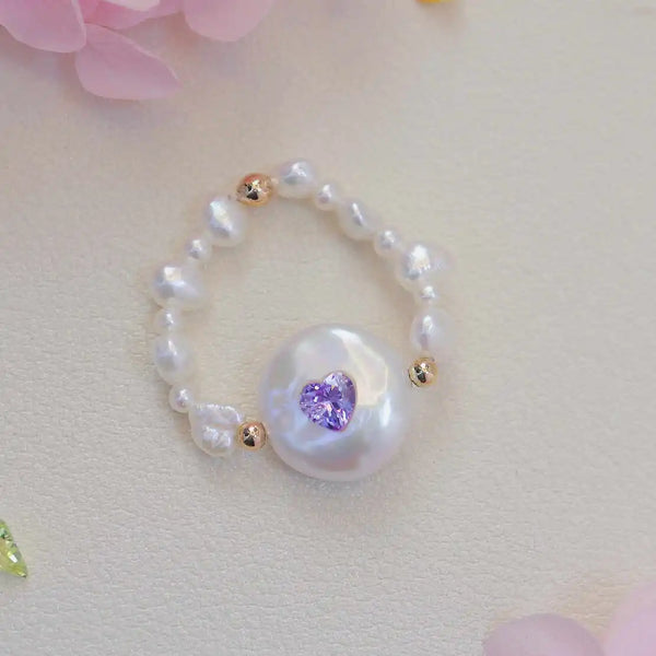 《CCFURINA》Chic Purple Heart Pearl Ring - Sophisticated Commemorative Accessory(AA)