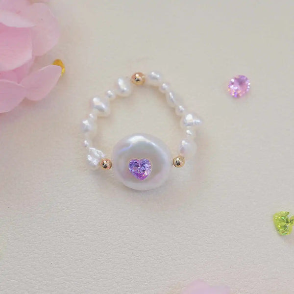 《CCFURINA》Chic Purple Heart Pearl Ring - Sophisticated Commemorative Accessory(AA)