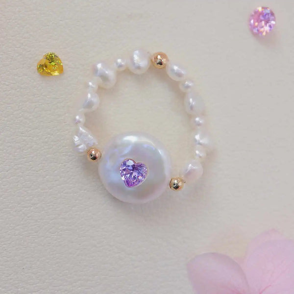 《CCFURINA》Chic Purple Heart Pearl Ring - Sophisticated Commemorative Accessory(AA)