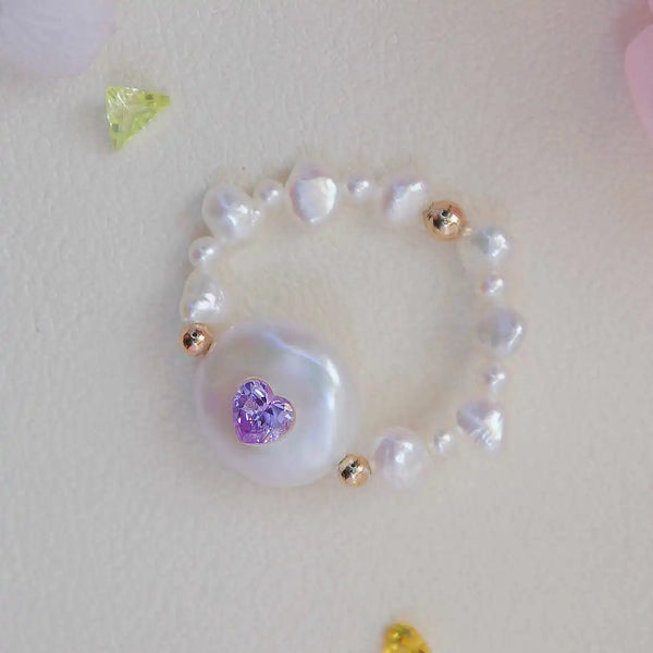 《CCFURINA》Chic Purple Heart Pearl Ring - Sophisticated Commemorative Accessory(AA)