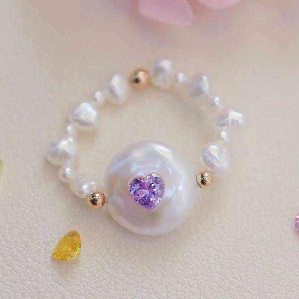 《CCFURINA》Chic Purple Heart Pearl Ring - Sophisticated Commemorative Accessory(AA)