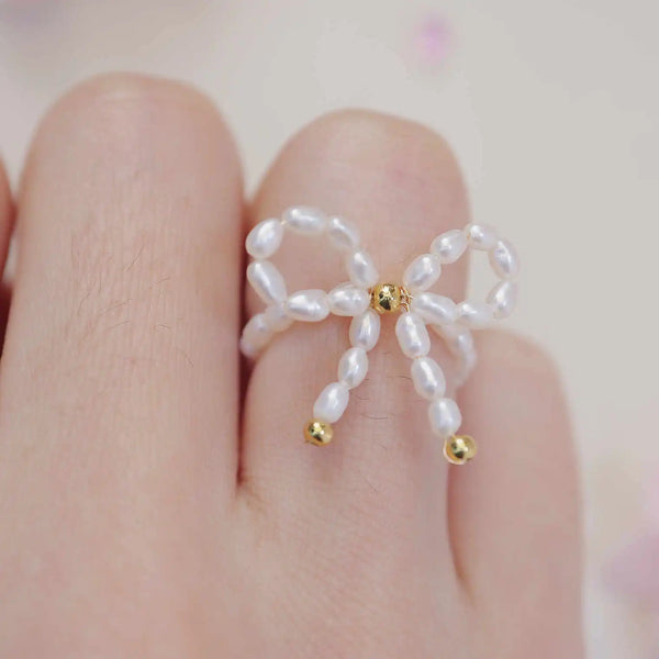 《CCFURINA》Charming Bowknot Pearl Ring - Gold-Plated Silver Accent(AA)