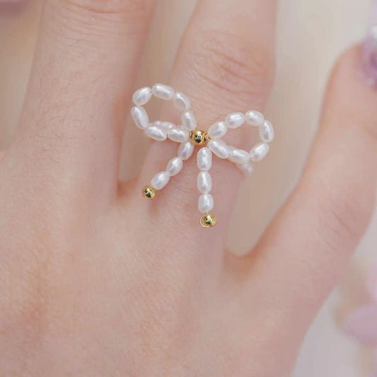 《CCFURINA》Charming Bowknot Pearl Ring - Gold-Plated Silver Accent(AA)