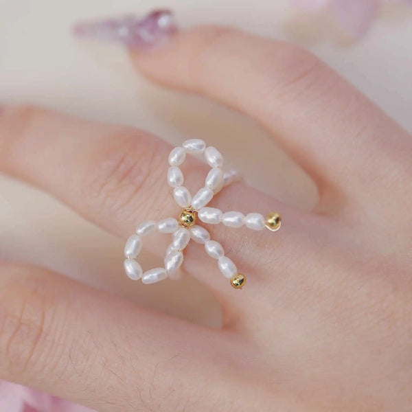 《CCFURINA》Charming Bowknot Pearl Ring - Gold-Plated Silver Accent(AA)