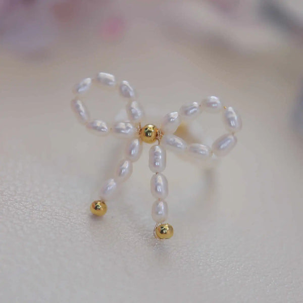 《CCFURINA》Charming Bowknot Pearl Ring - Gold-Plated Silver Accent(AA)