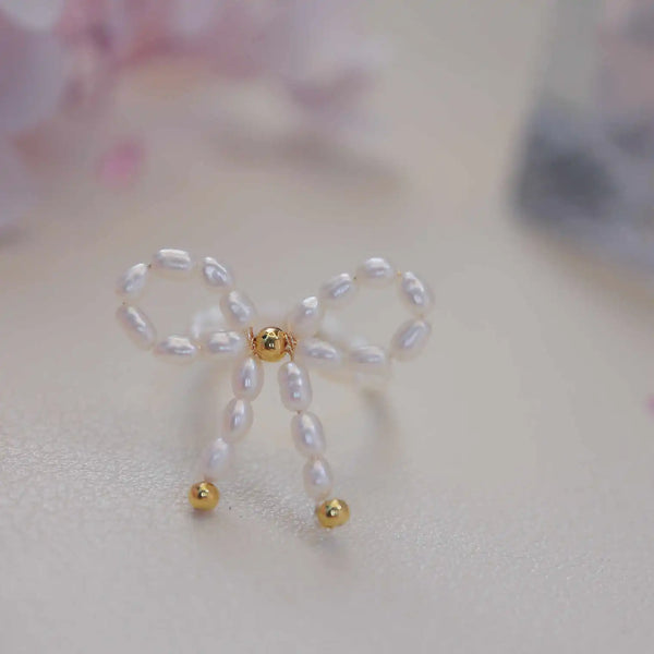 《CCFURINA》Charming Bowknot Pearl Ring - Gold-Plated Silver Accent(AA)