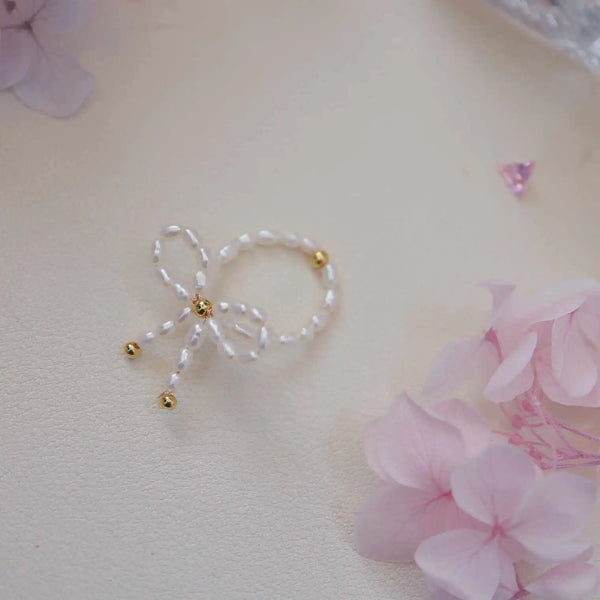 《CCFURINA》Charming Bowknot Pearl Ring - Gold-Plated Silver Accent(AA)