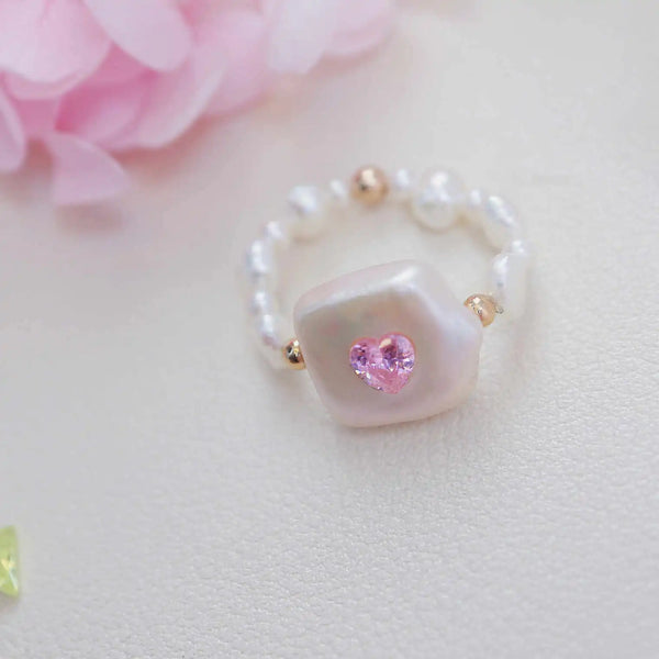 《CCFURINA》Delicate Pink Jewelry Pearl Ring - Square Design (AA)