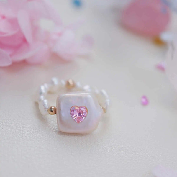 《CCFURINA》Delicate Pink Jewelry Pearl Ring - Square Design (AA)