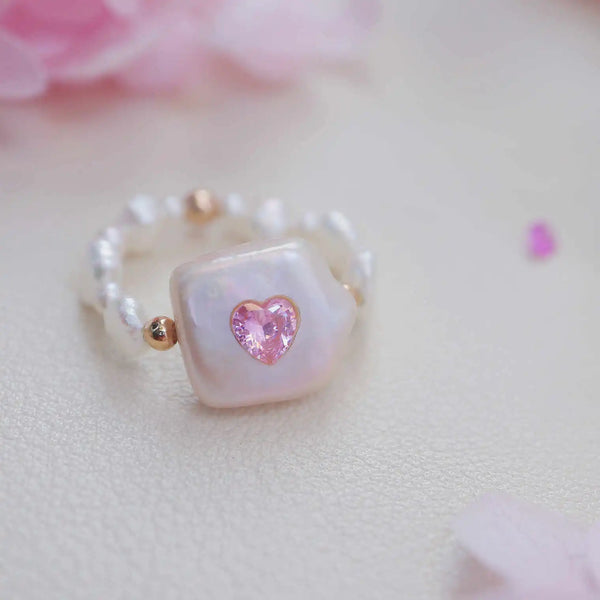 《CCFURINA》Delicate Pink Jewelry Pearl Ring - Square Design (AA)