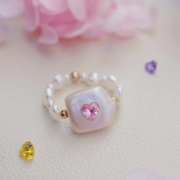 《CCFURINA》Delicate Pink Jewelry Pearl Ring - Square Design (AA)