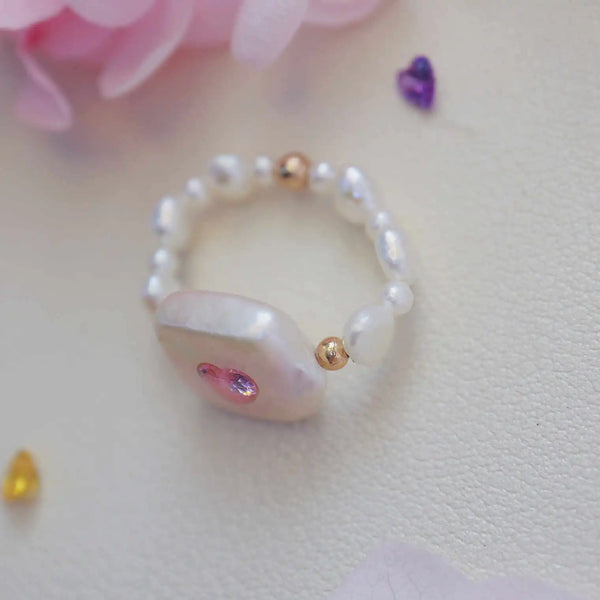 《CCFURINA》Delicate Pink Jewelry Pearl Ring - Square Design (AA)