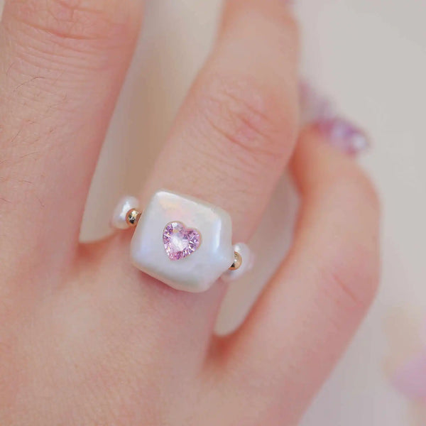 《CCFURINA》Delicate Pink Jewelry Pearl Ring - Square Design (AA)