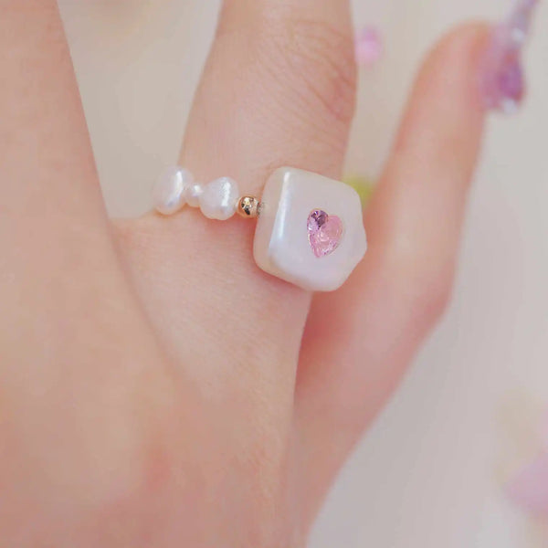 《CCFURINA》Delicate Pink Jewelry Pearl Ring - Square Design (AA)