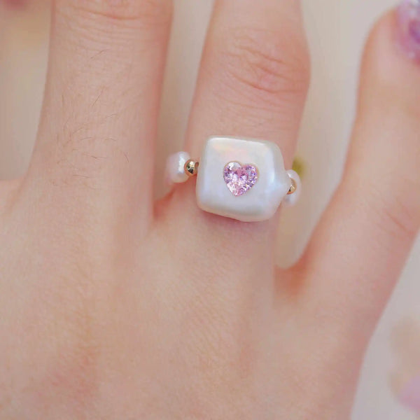 《CCFURINA》Delicate Pink Jewelry Pearl Ring - Square Design (AA)