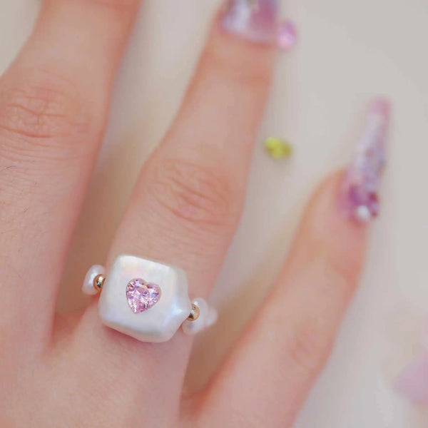 《CCFURINA》Delicate Pink Jewelry Pearl Ring - Square Design (AA)