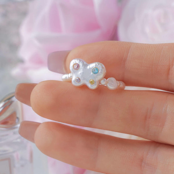 《CCFURINA》Sweetheart Butterfly Original Natural Baroque Pearl Diamond Ring (AA)