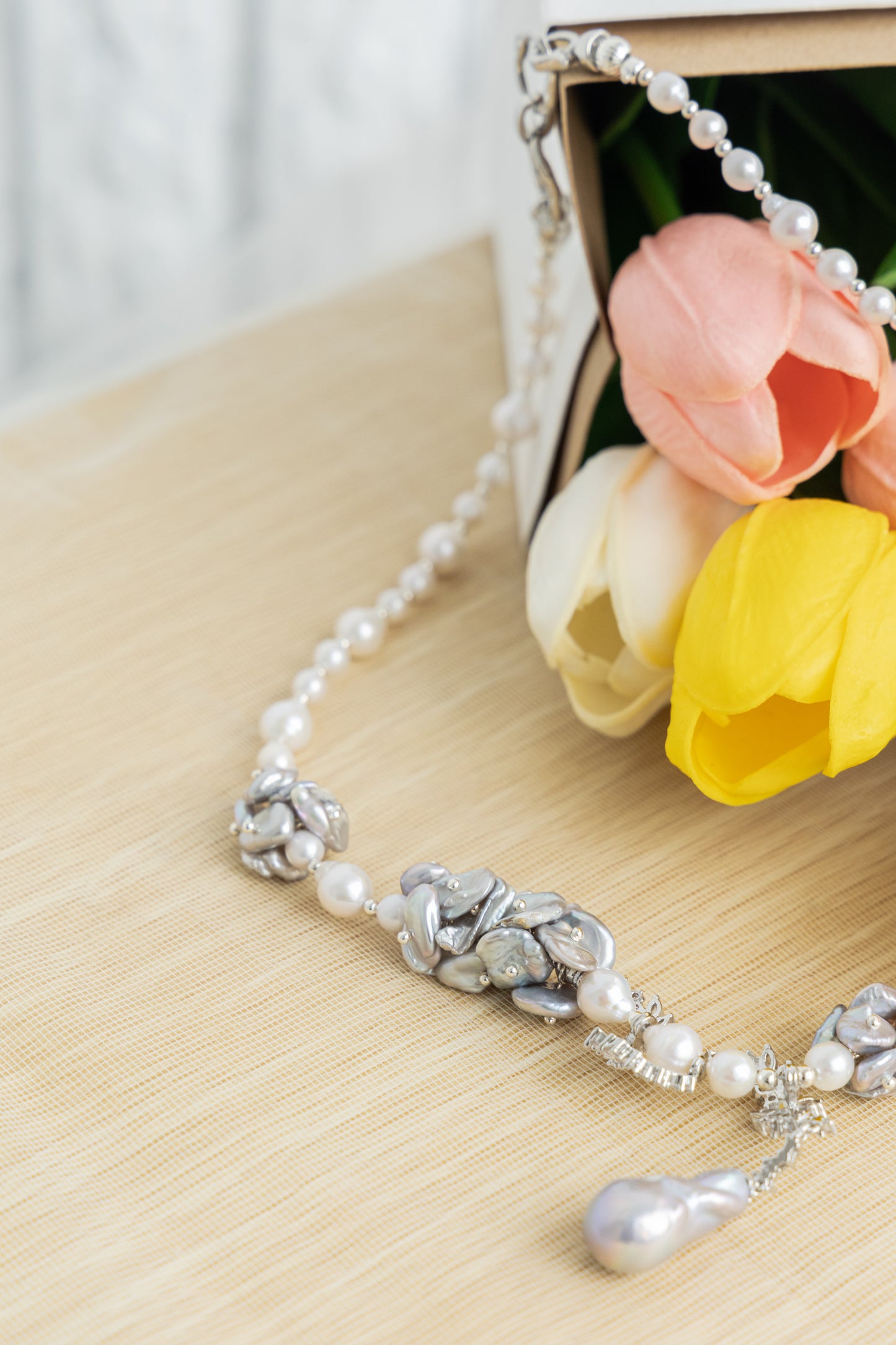 Flower Series Pearl Necklace blue gray light, Baroque petal pearl