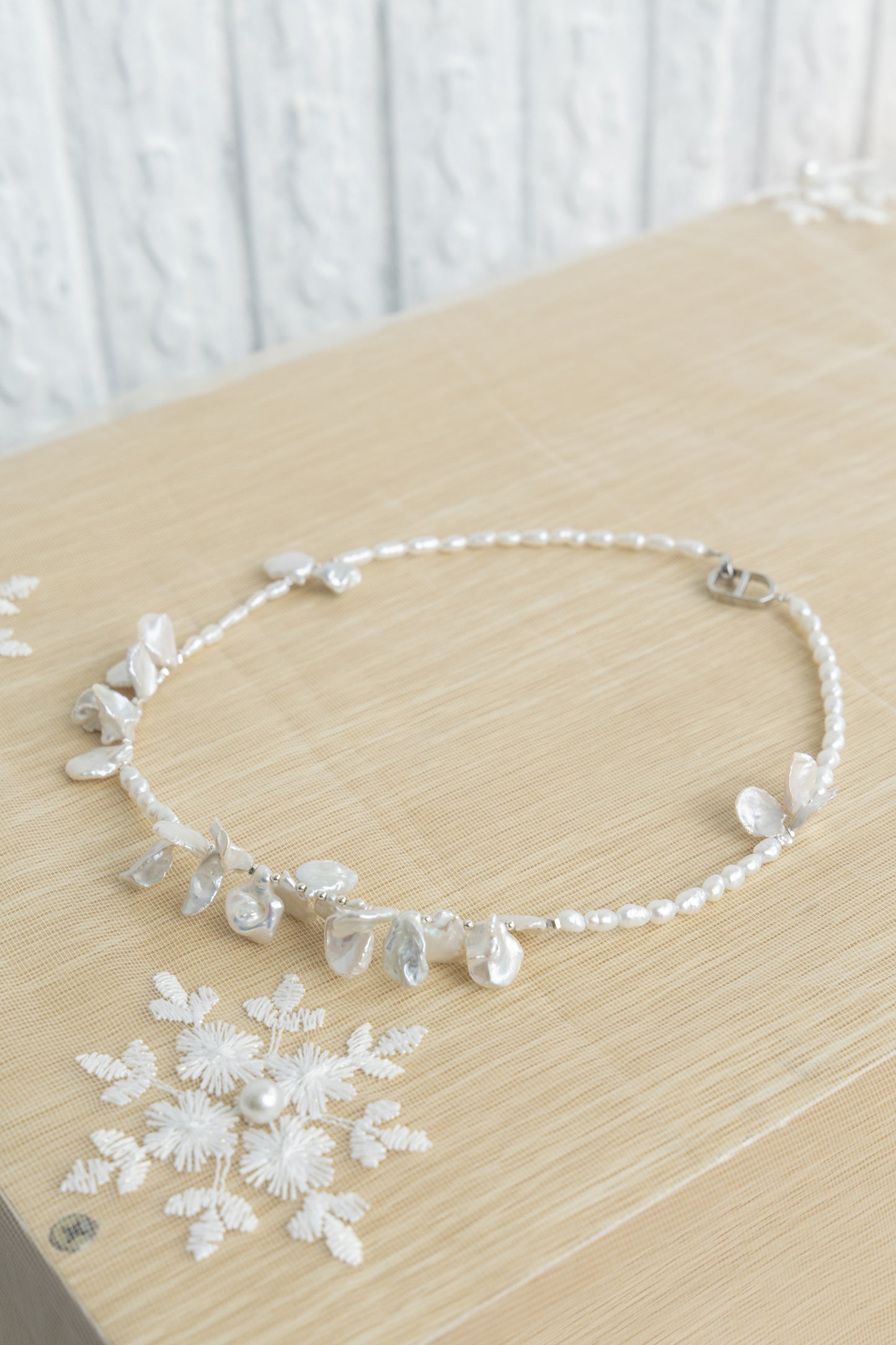 Floral series Pearl necklace white light, Baroque petal pearl