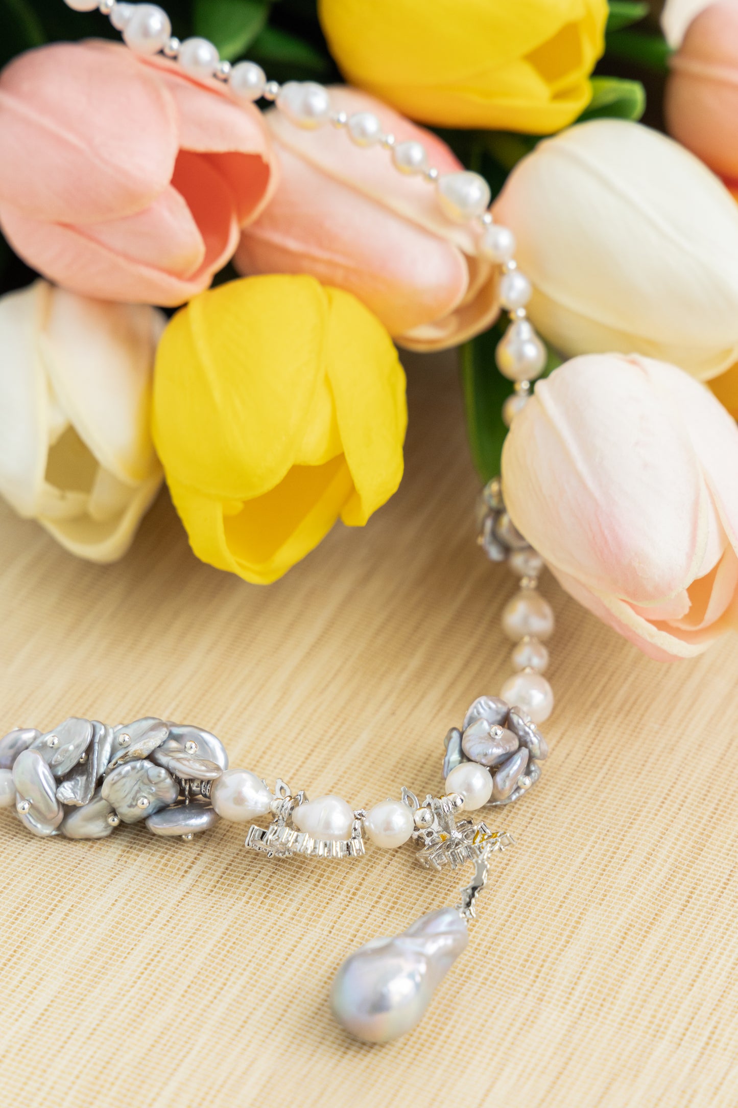 Flower Series Pearl Necklace blue gray light, Baroque petal pearl