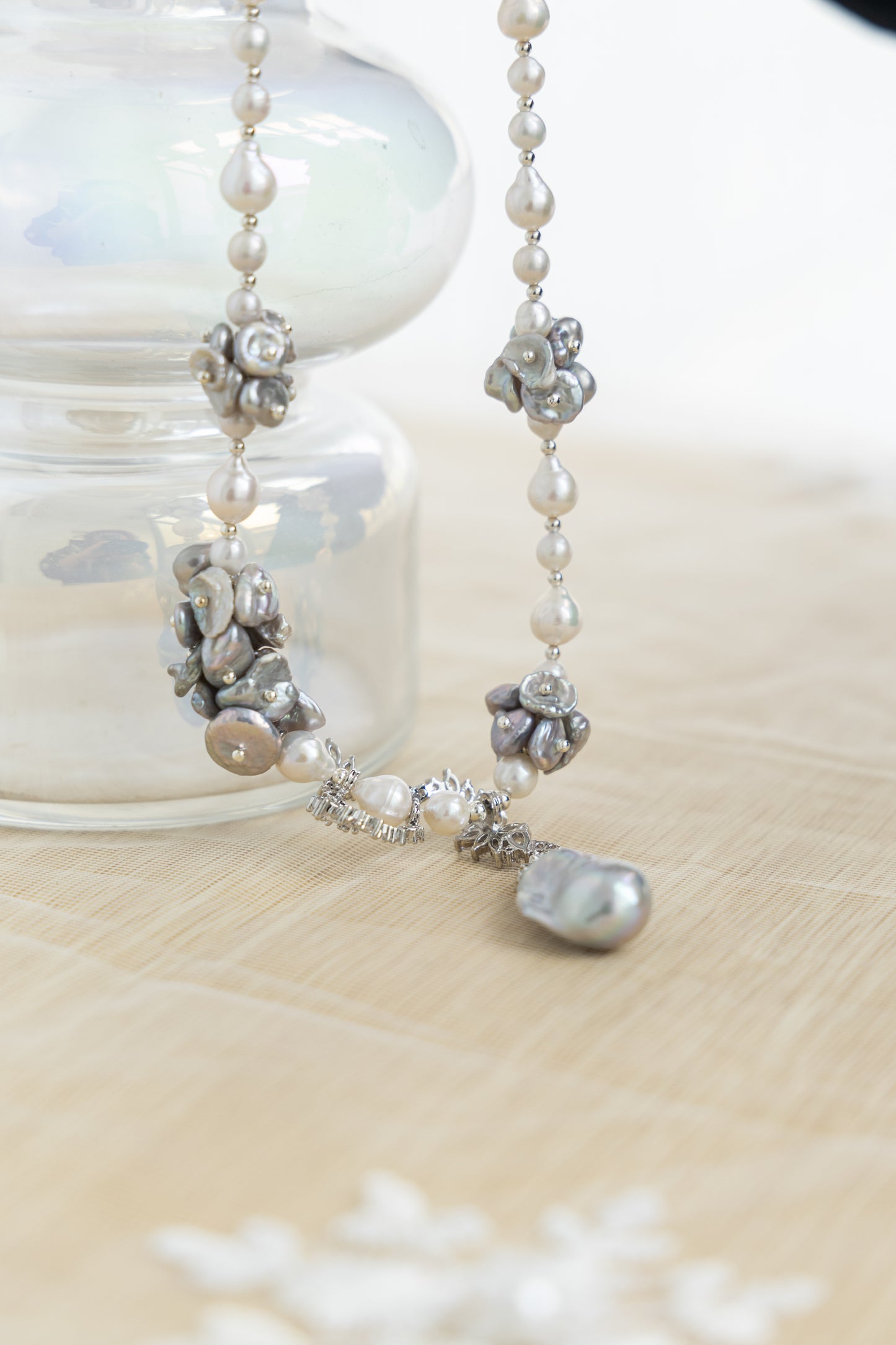 Flower Series Pearl Necklace blue gray light, Baroque petal pearl