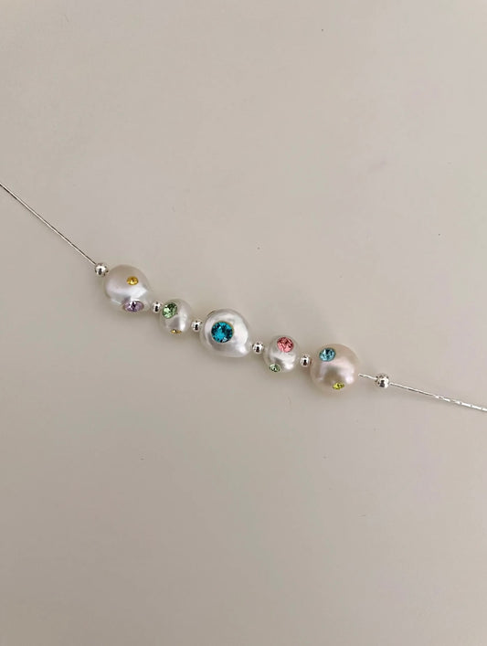 《CCFURINA》Natural freshwater pearl inlaid with heart gemstone star collarbone chain 925S silver chain