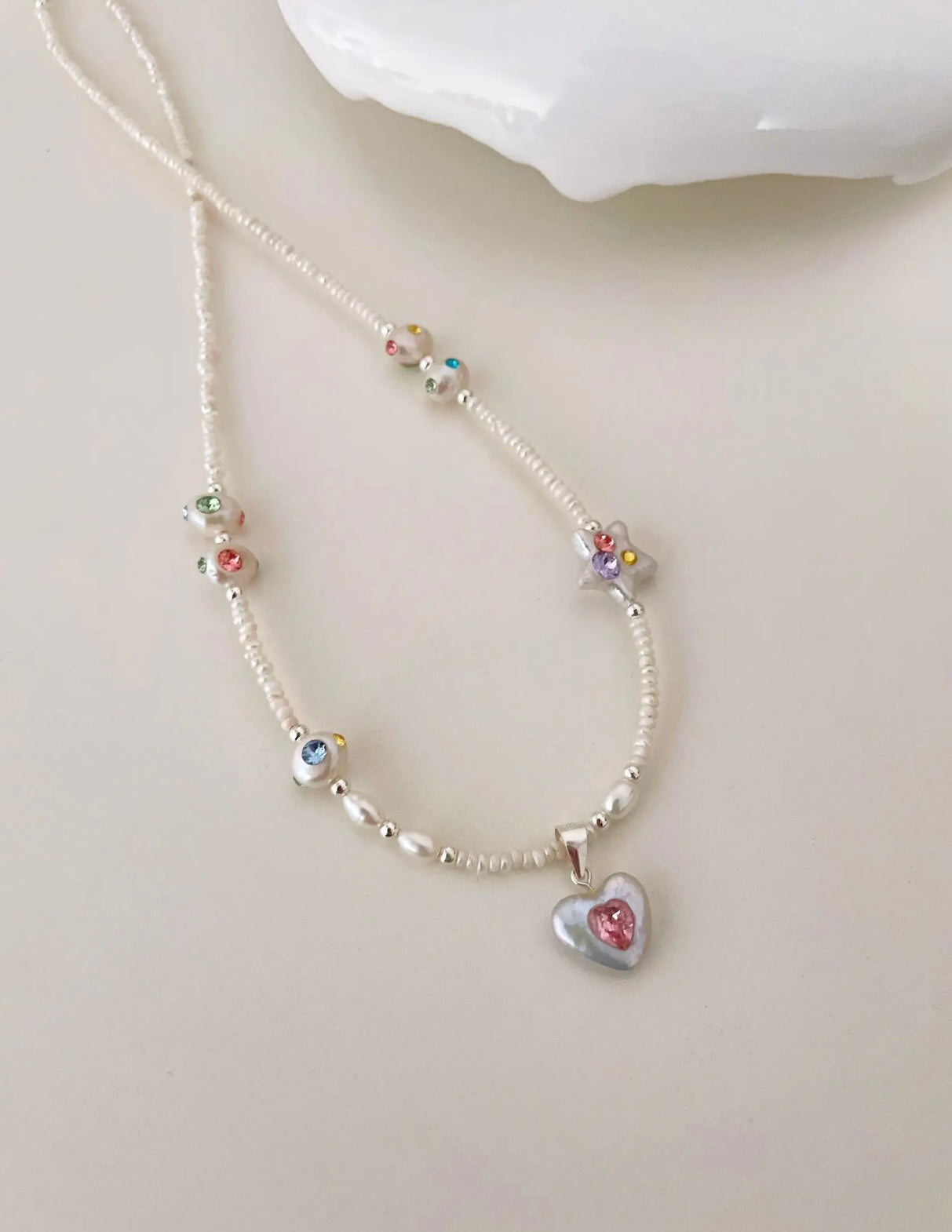 《CCFURINA》Natural freshwater pearl inlaid with heart gemstone star collarbone chain 925S silver chain