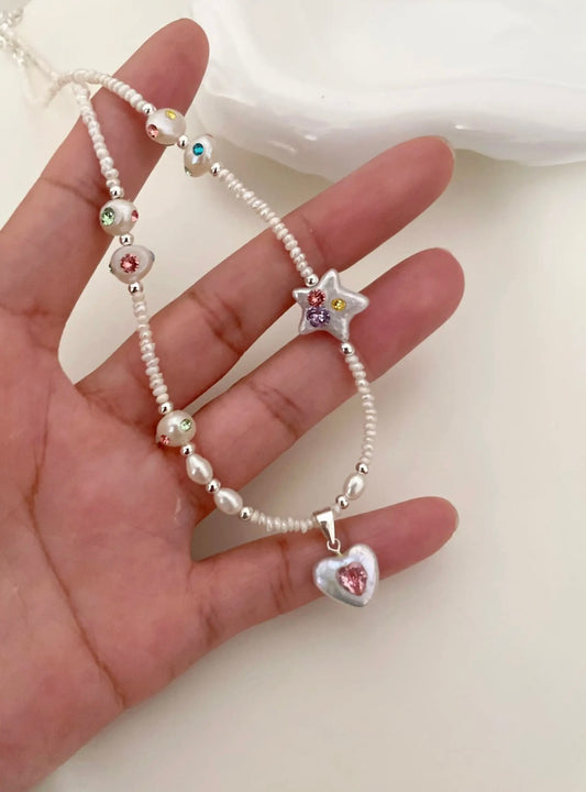 《CCFURINA》Natural freshwater pearl inlaid with heart gemstone star collarbone chain 925S silver chain