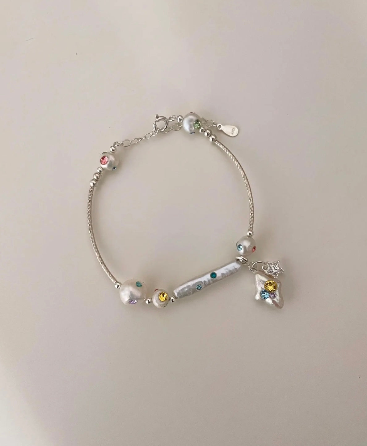 《CCFURINA》Natural freshwater pearl inlaid with heart gemstone star collarbone bracelet 925S silver chain